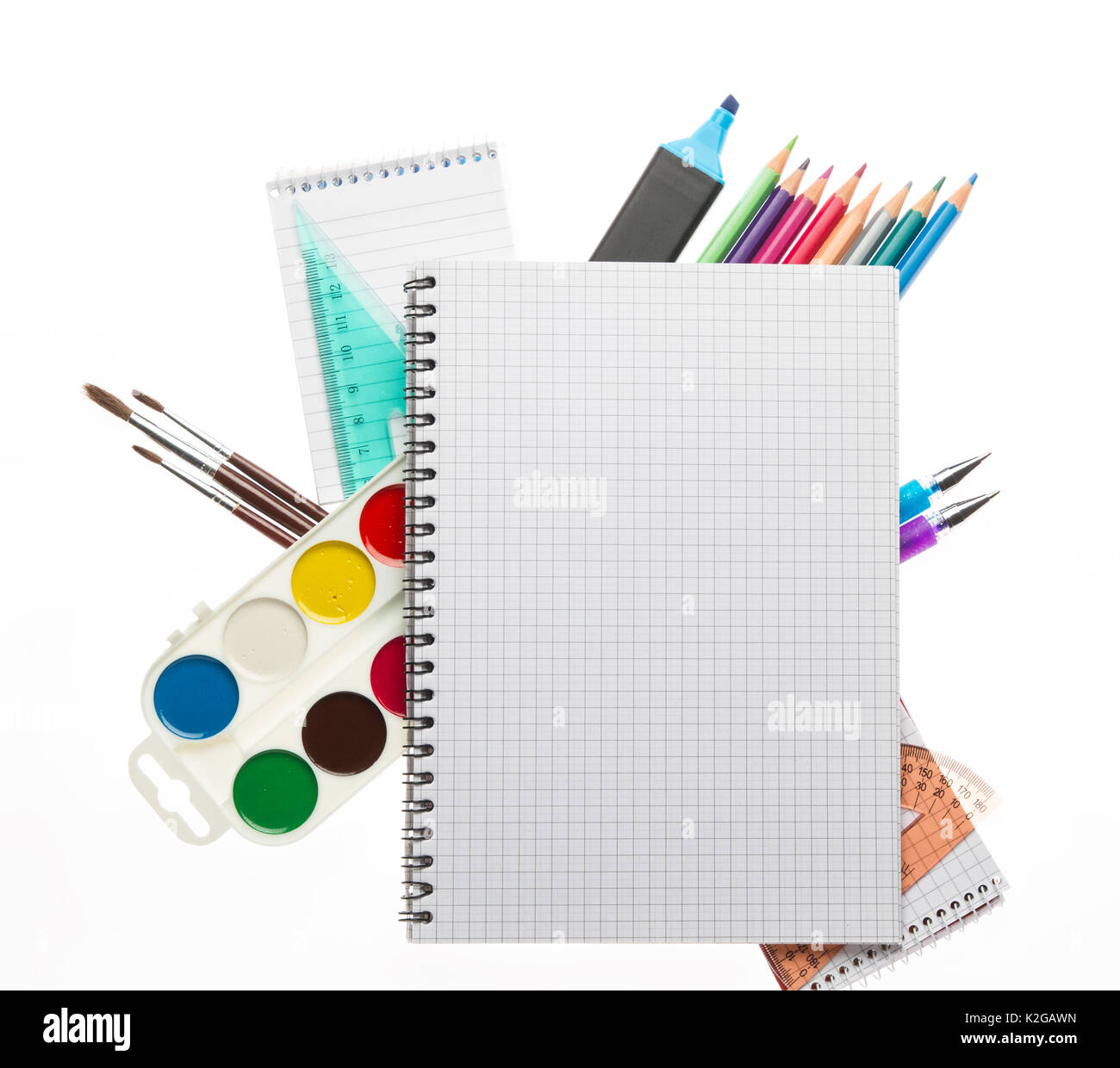Assortment of school supplies on white background Stock Photo - Alamy