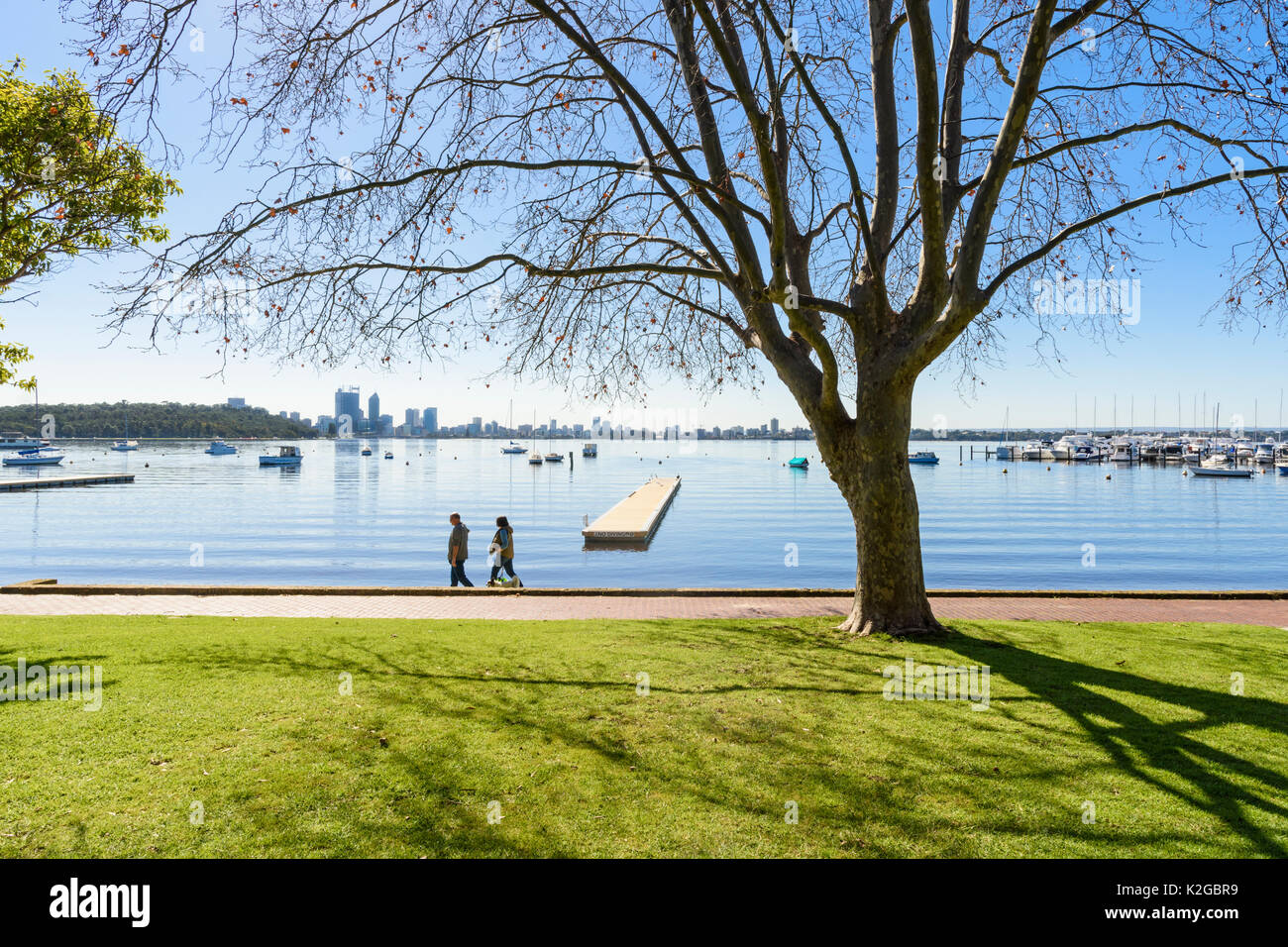 Couple walking their dog along the foreshore of the Matilda Bay Reserve on the Swan River at Crawley, Perth, Western Australia Stock Photo