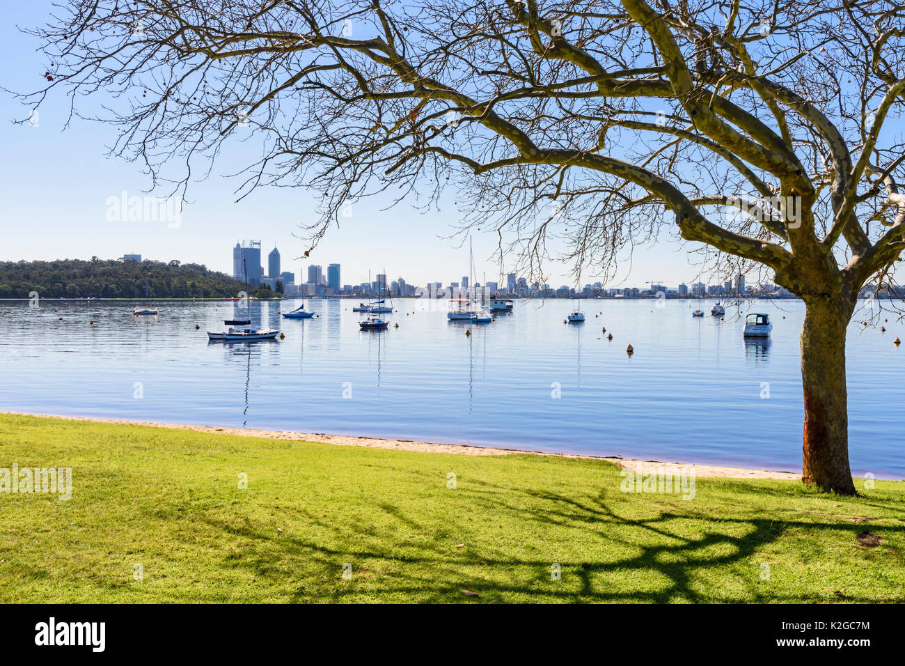 Tree framed view of boats in Matilda Bay on the Swan River at Crawley, Perth, Western Australia Stock Photo