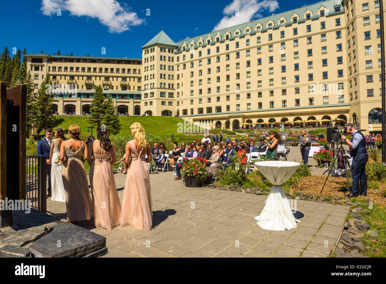 Wedding ceremony at the Fairmont Chateau Lake Louise in canadian Rocky Mountains. Stock Photo