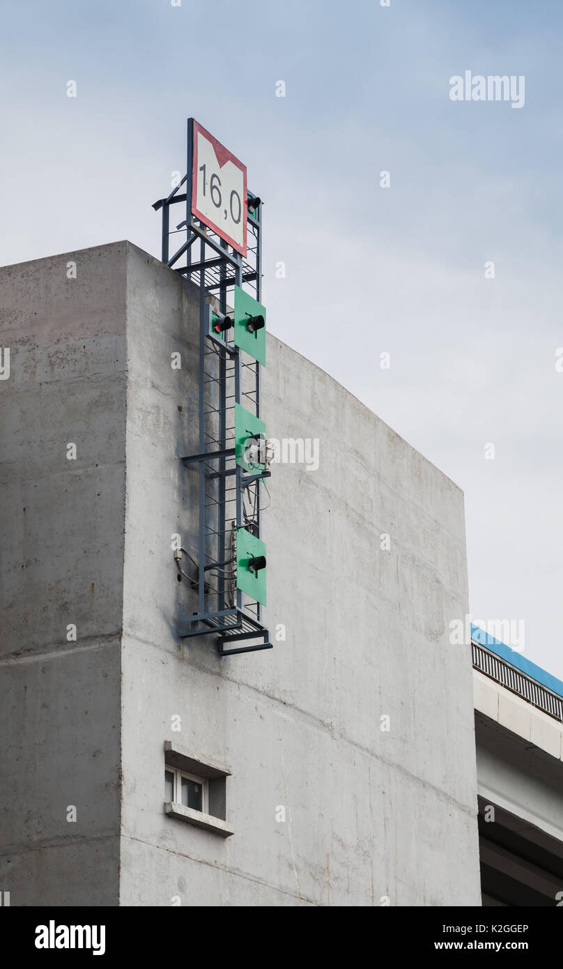 Traffic lights and vessel hight limitation sign. Saint Petersburg Flood Prevention Facility Complex. Entrance to the Neva Bay Stock Photo