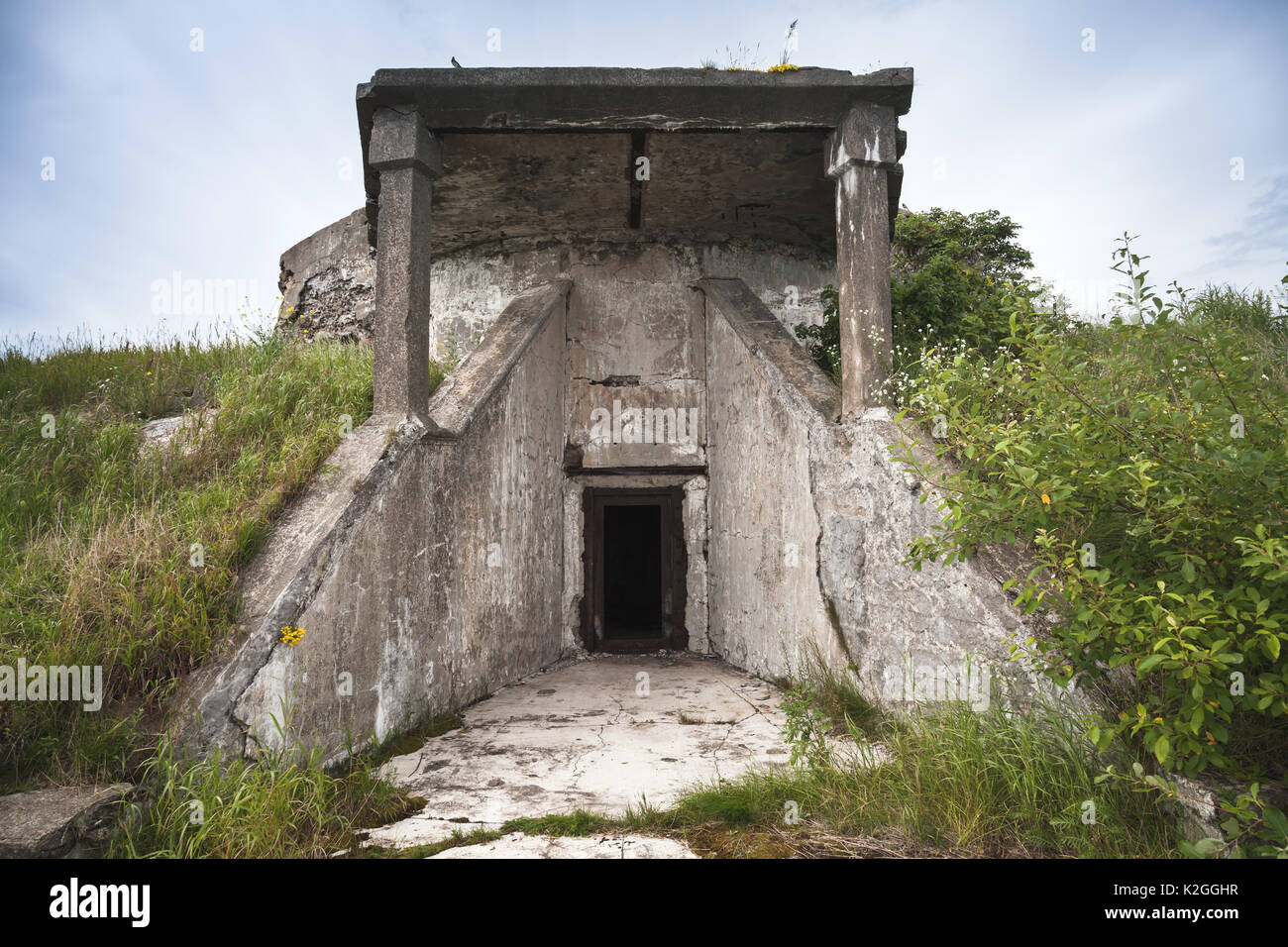 Entrance in abandoned concrete bunker from WWII period on Totleben fort