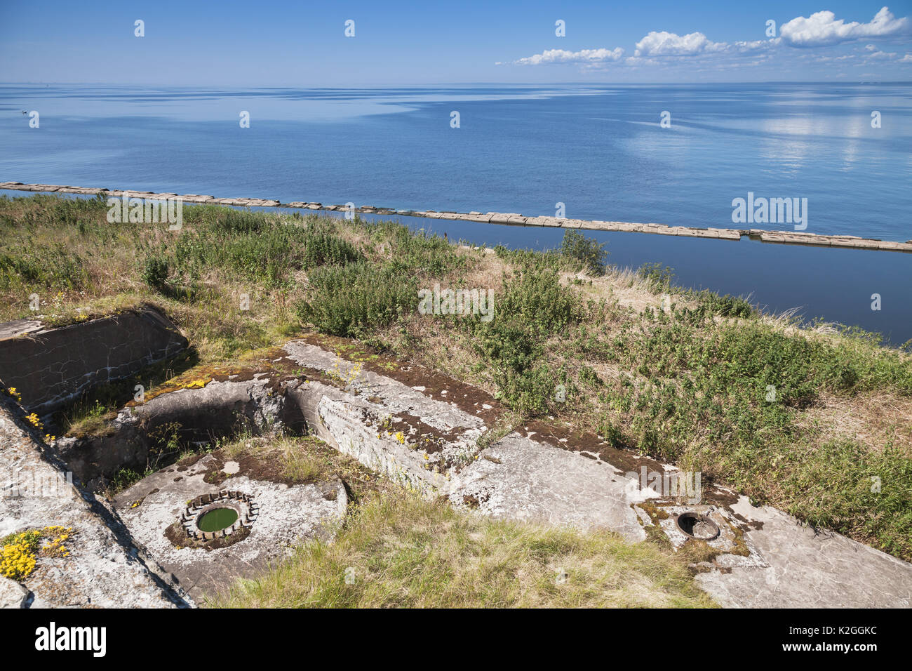 Old abandoned concrete bunkers from WWII period on Totleben fort island in Gulf of Finland near Saint-Petersburg in Russia Stock Photo
