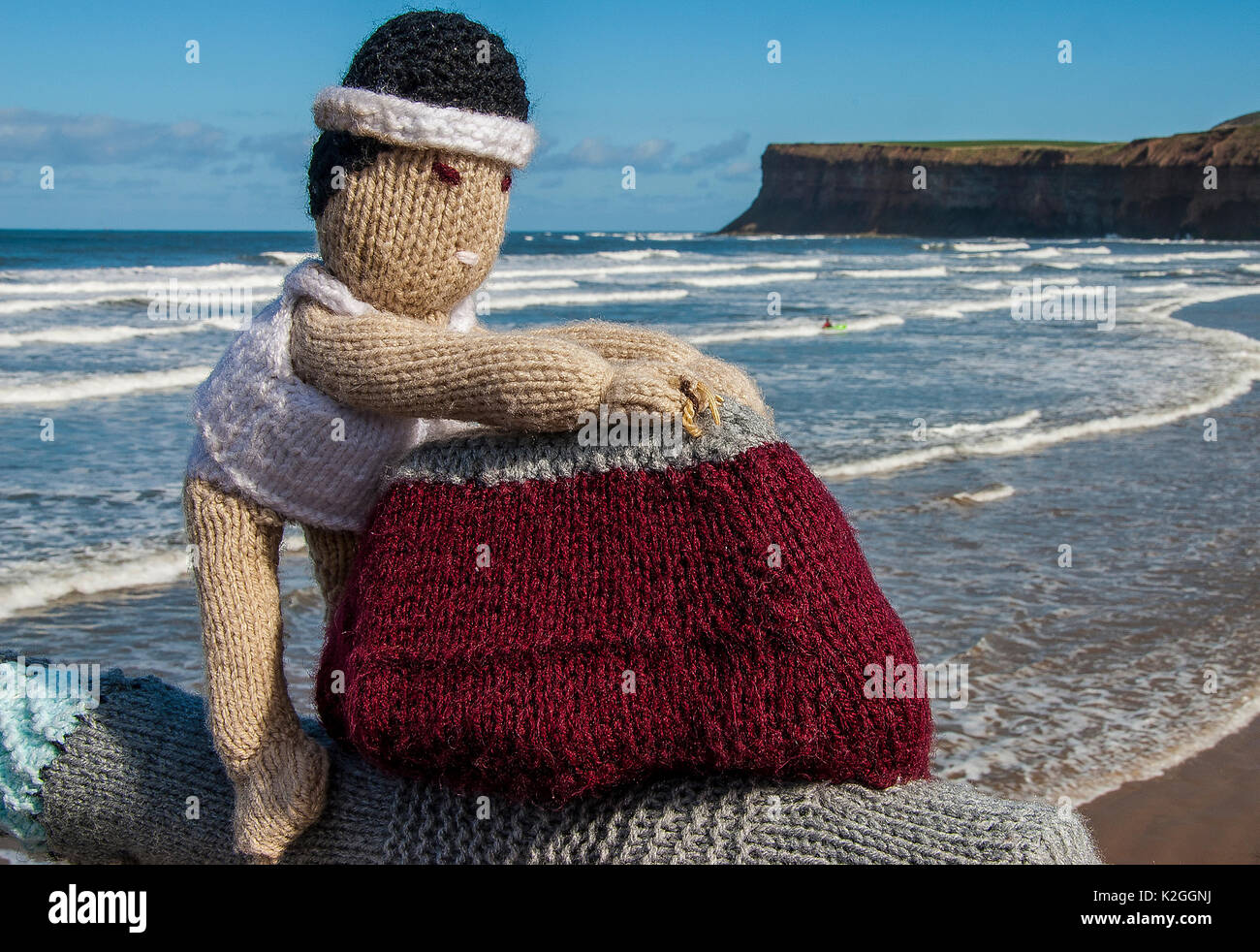 knitted gymnast yarn bombing on saltburn pier for the olympic games
