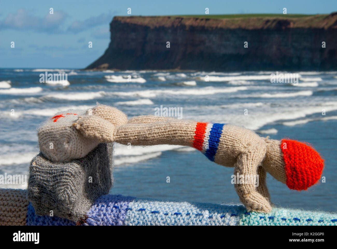 knitted gymnast yarn bombing on saltburn pier for the olympic games