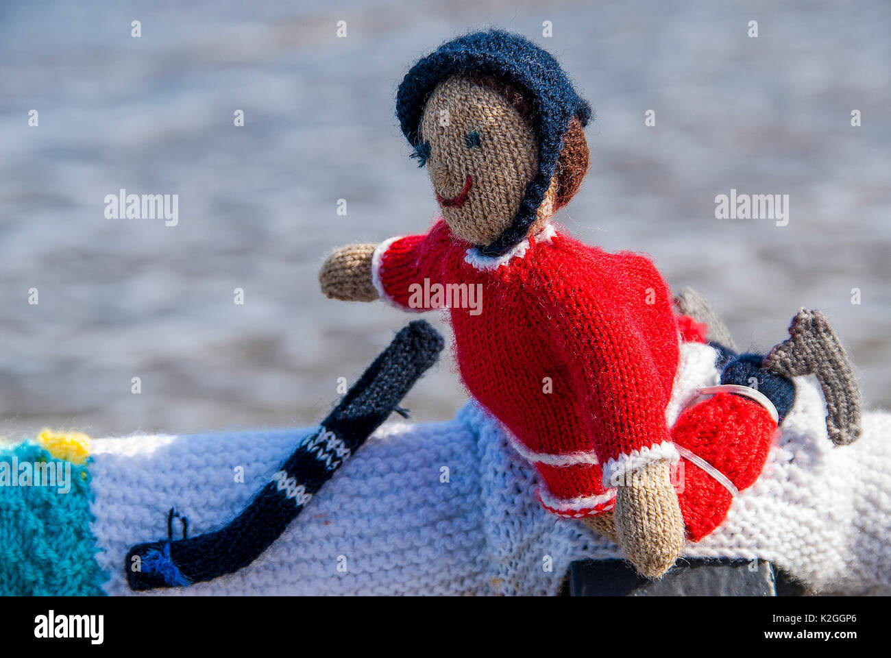 knitted ice hocky player yarn bombing on saltburn pier for the olympic