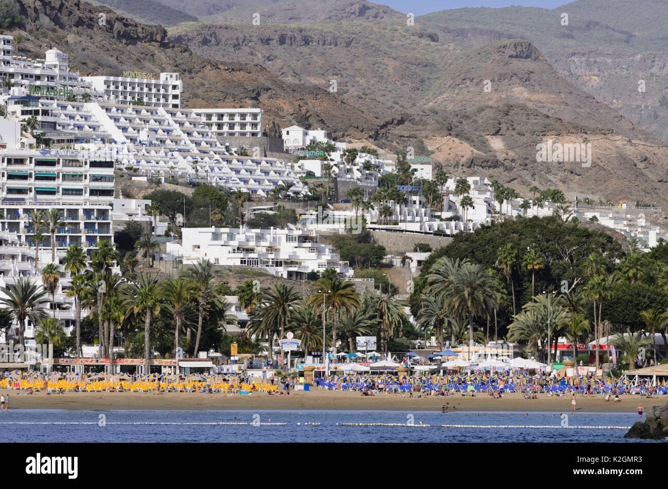 Hillside with hotels and holiday villages, Puerto Rico, Gran Canaria, Spain Stock Photo