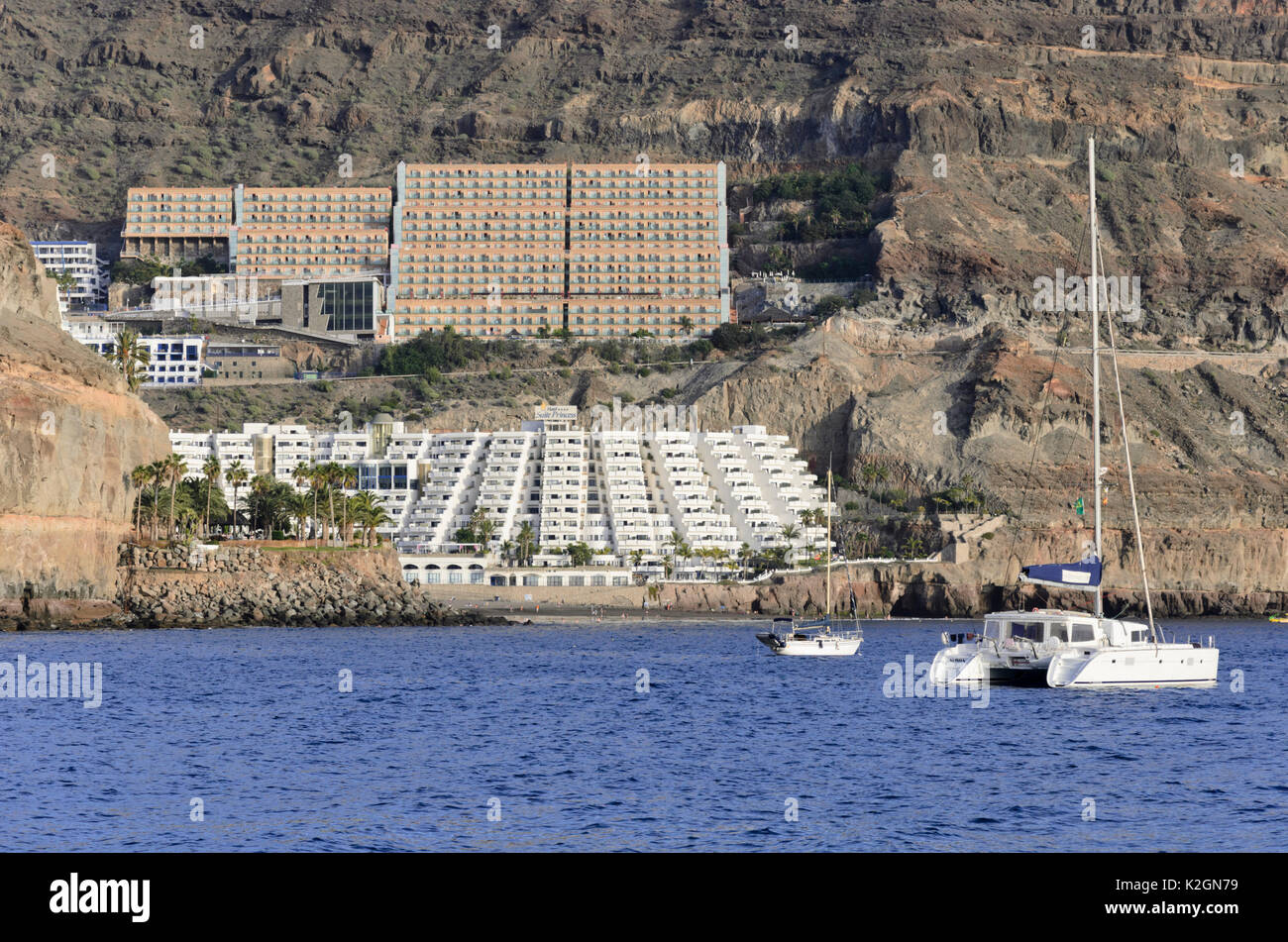 Hillside with hotels and holiday villages, Taurito, Gran Canaria, Spain Stock Photo