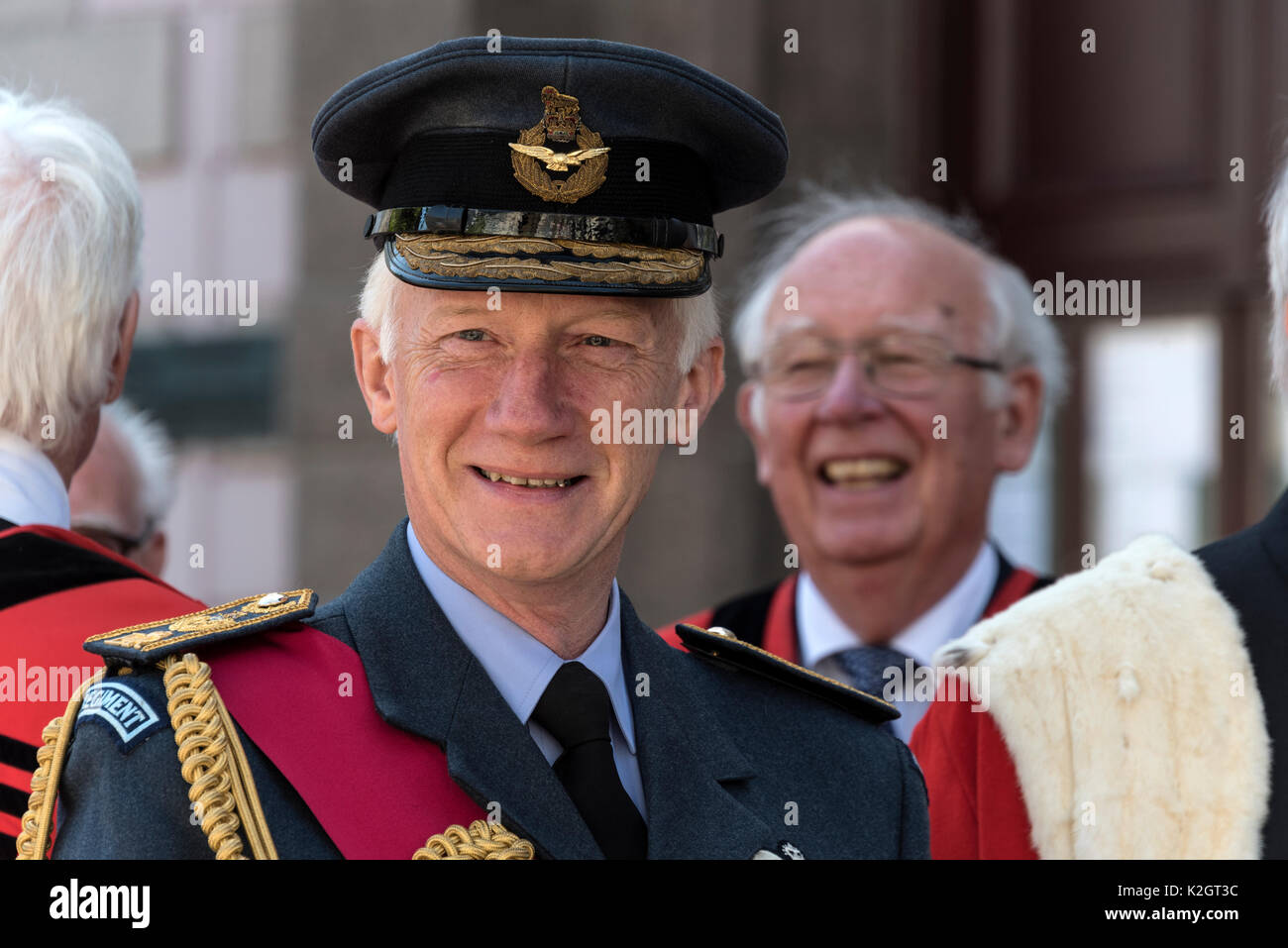 Annual Liberation Day 2017 celebrations in St. Helier, Jersey, Channel Islands, Britain  The Lieutenant-Governor of Jersey, Air Chief Marshal Sir Step Stock Photo