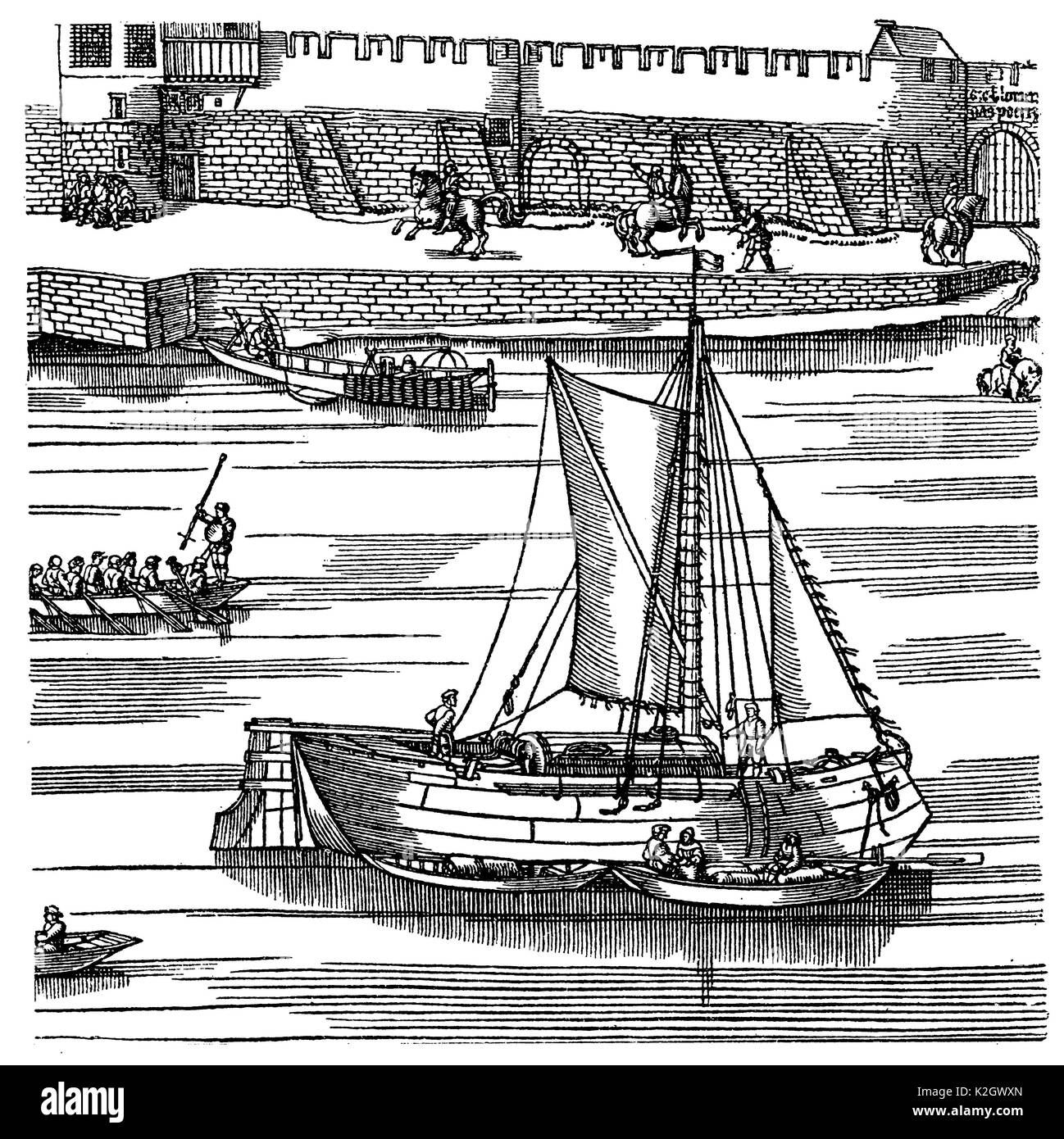 Rhine ships in front of the walls of Cologne. Facsimile from the large woodcut of Anton von Worms from the year 1531 Stock Photo
