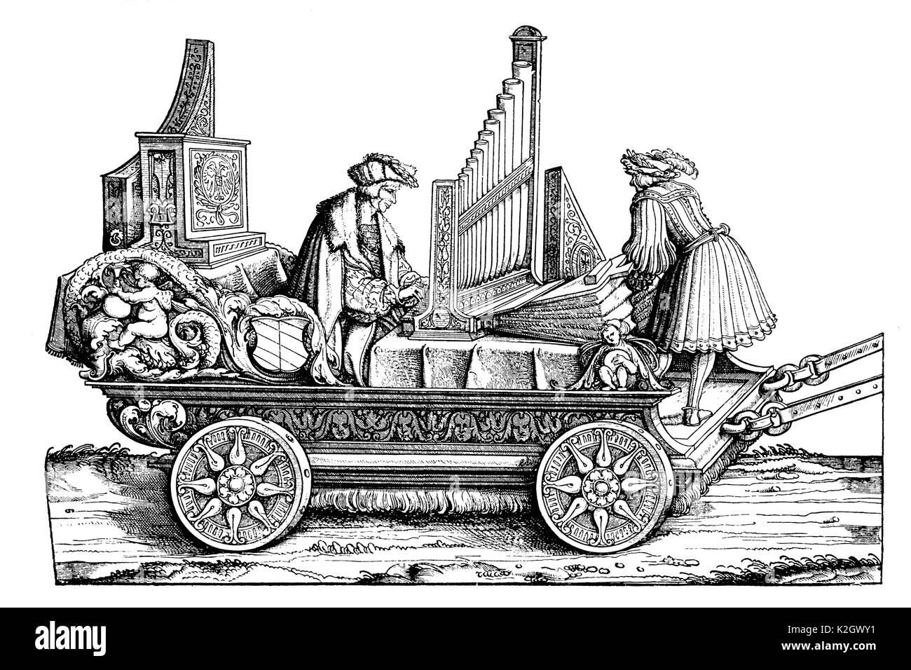 Cart with organ: group in the triumphal procession of Emperor Maximilian I, wood cut by Hans Burgkmair Stock Photo