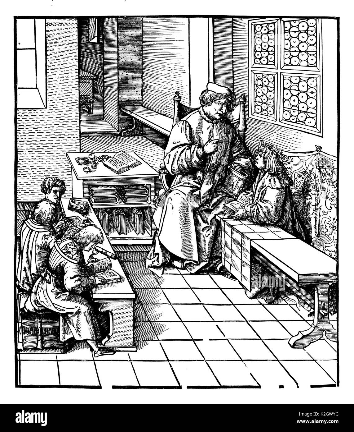 Maximilian I is taught. Facsimile of a woodcut in 'Weisskunig''; Illustrated by Hans Burgkmair (1473 - 1531)' Stock Photo