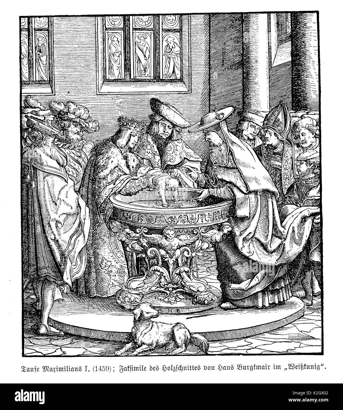 Baptism of Maximilian I (1459); Facsimile of the woodcut by Hans Burgkmair in the 'WeiÃŸkunig''' Stock Photo