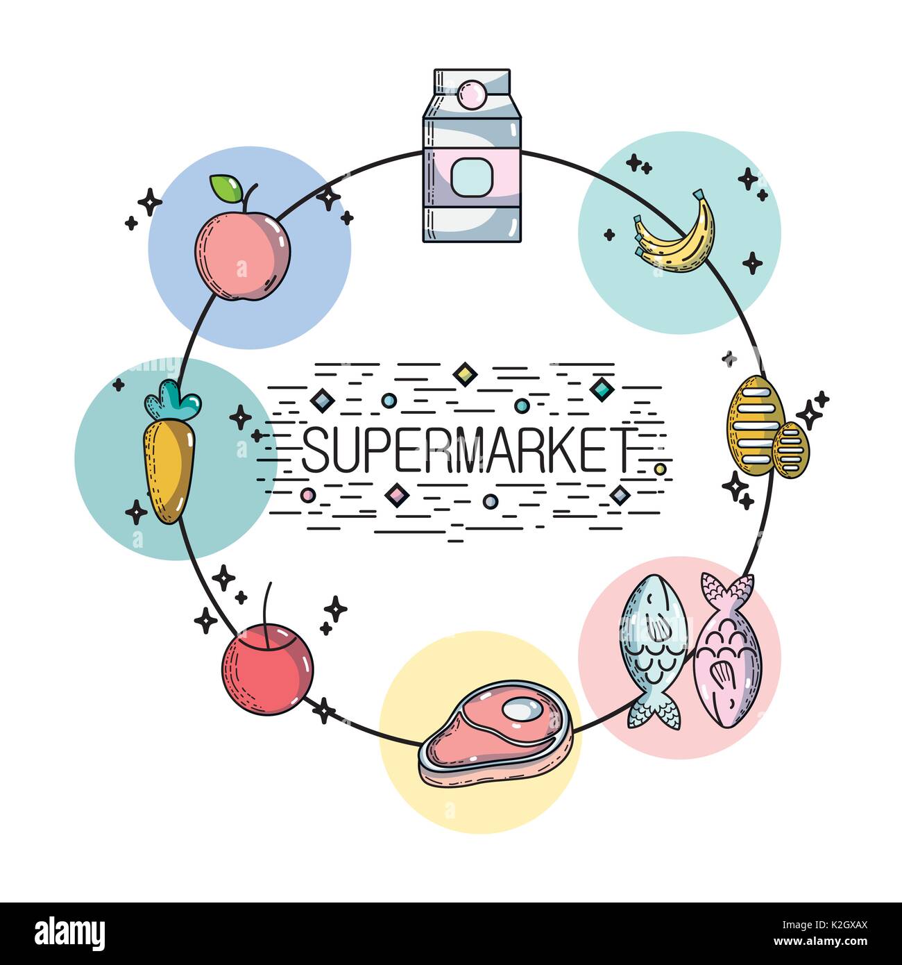 set supermarket variety food nutrition to shopping Stock Vector