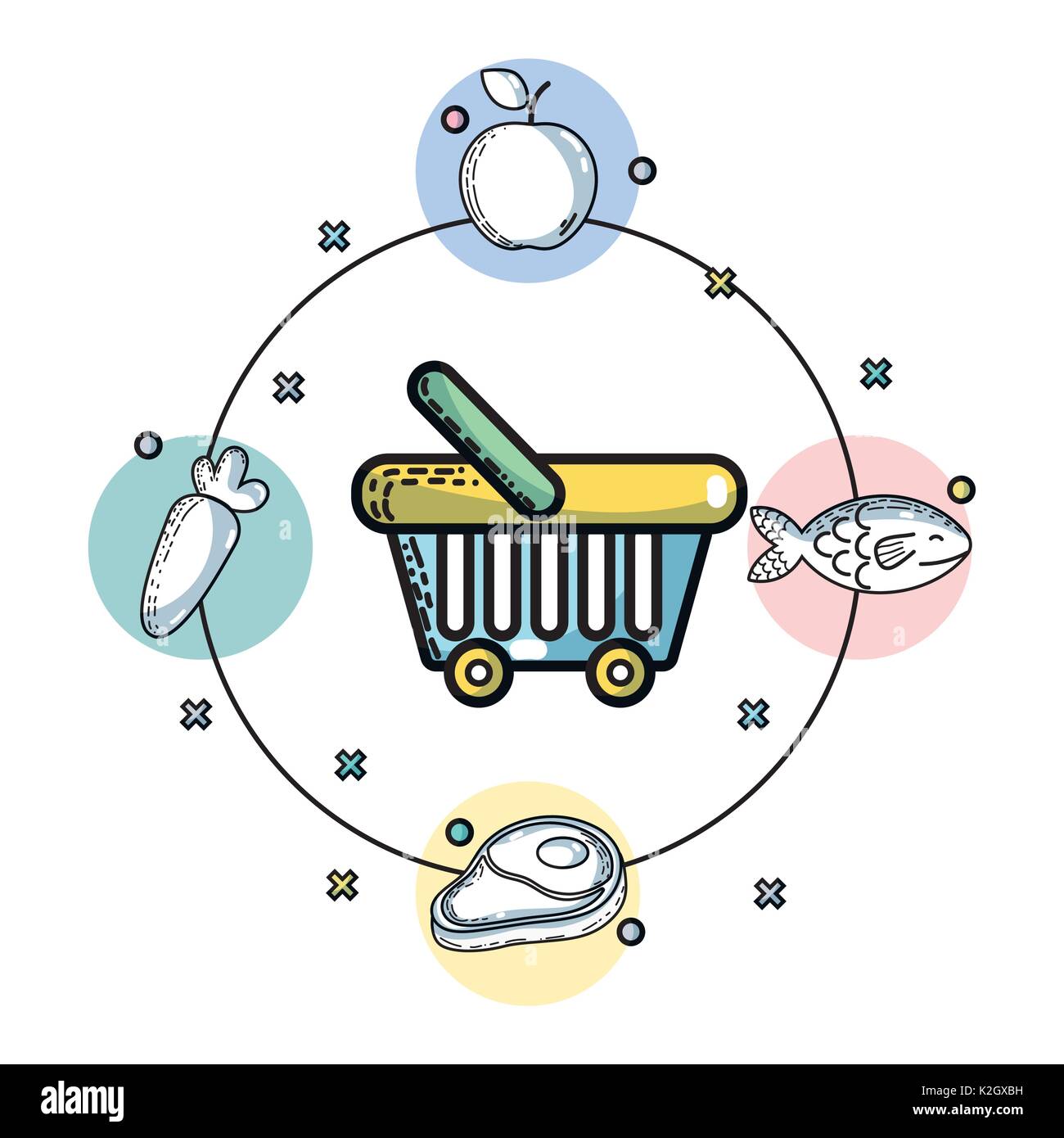 set supermarket variety food nutrition to shopping Stock Vector