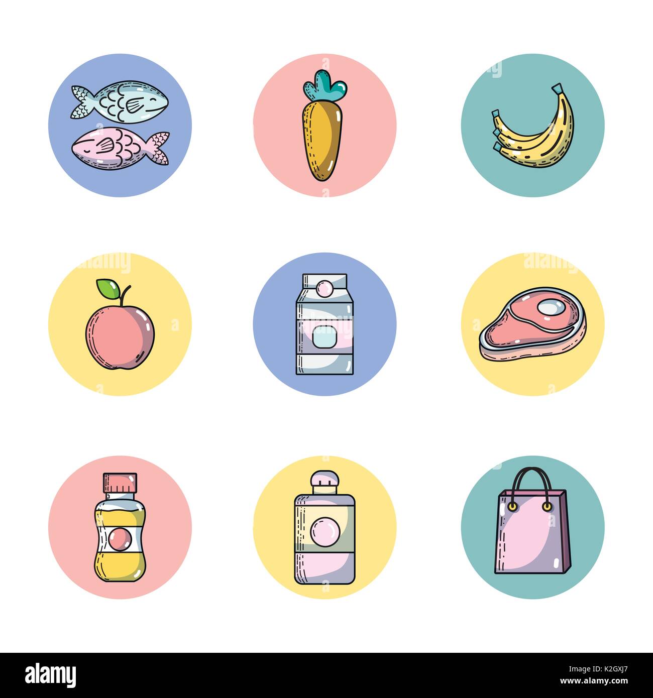 set supermarket variety food nutrition to shopping Stock Vector