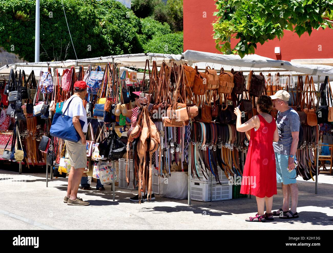 Leather goods market stall Mahon Menorca Minorca Spain Stock Photo