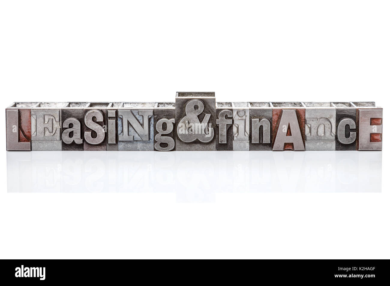 The words Leasing and Finance made from old metal letterpress typeset, isolated on a white background with reflection. Stock Photo