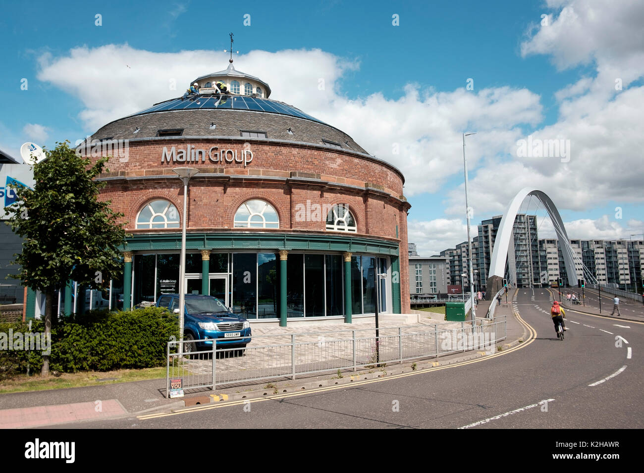 The newly restored South Rotunda building on the south side of The Clyde Arc bridge, once a lift shaft to the Glasgow Harbour Tunnel Stock Photo