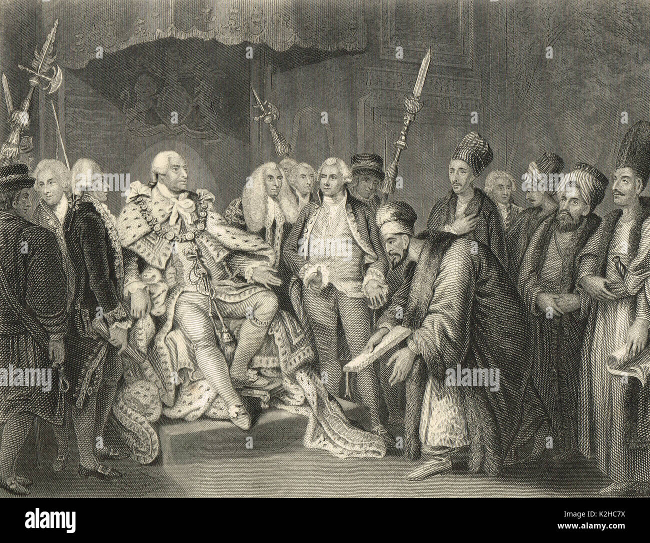 George III Receiving the Turkish Ambassador Yusuf Aga Efendi, in London December 1793 Stock Photo