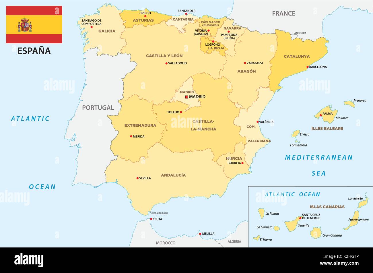 spain administrative and political vector map with flag Stock Vector