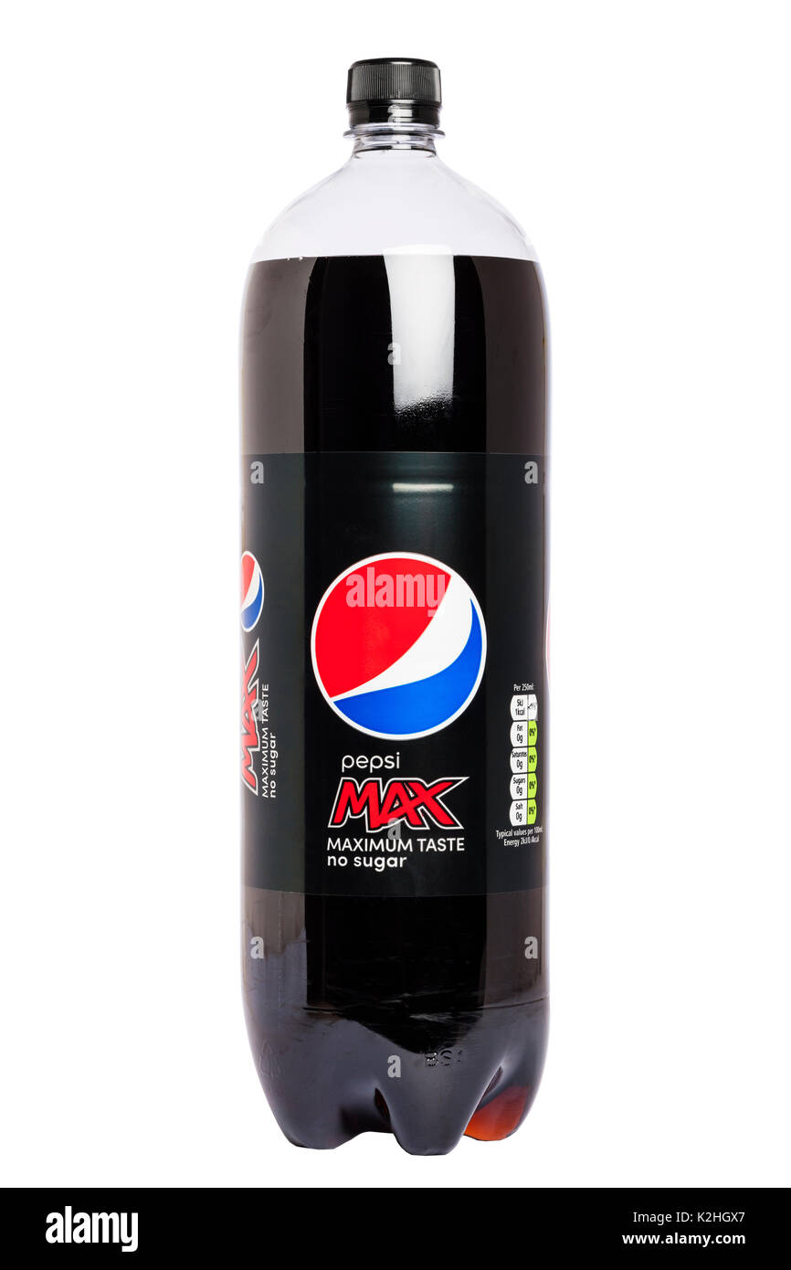 A bottle of Pepsi Max sugar free fizzy drink on a white background Stock Photo