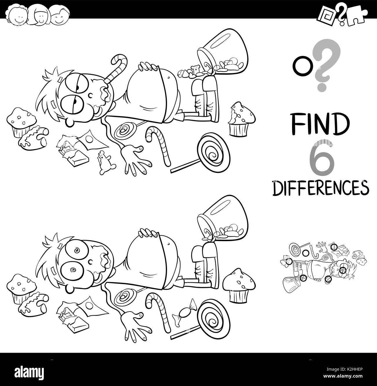 Black and White Cartoon Illustration of Spot the Differences Educational Activity Game for Children with Kid in a Candy Store Coloring Book Stock Vector