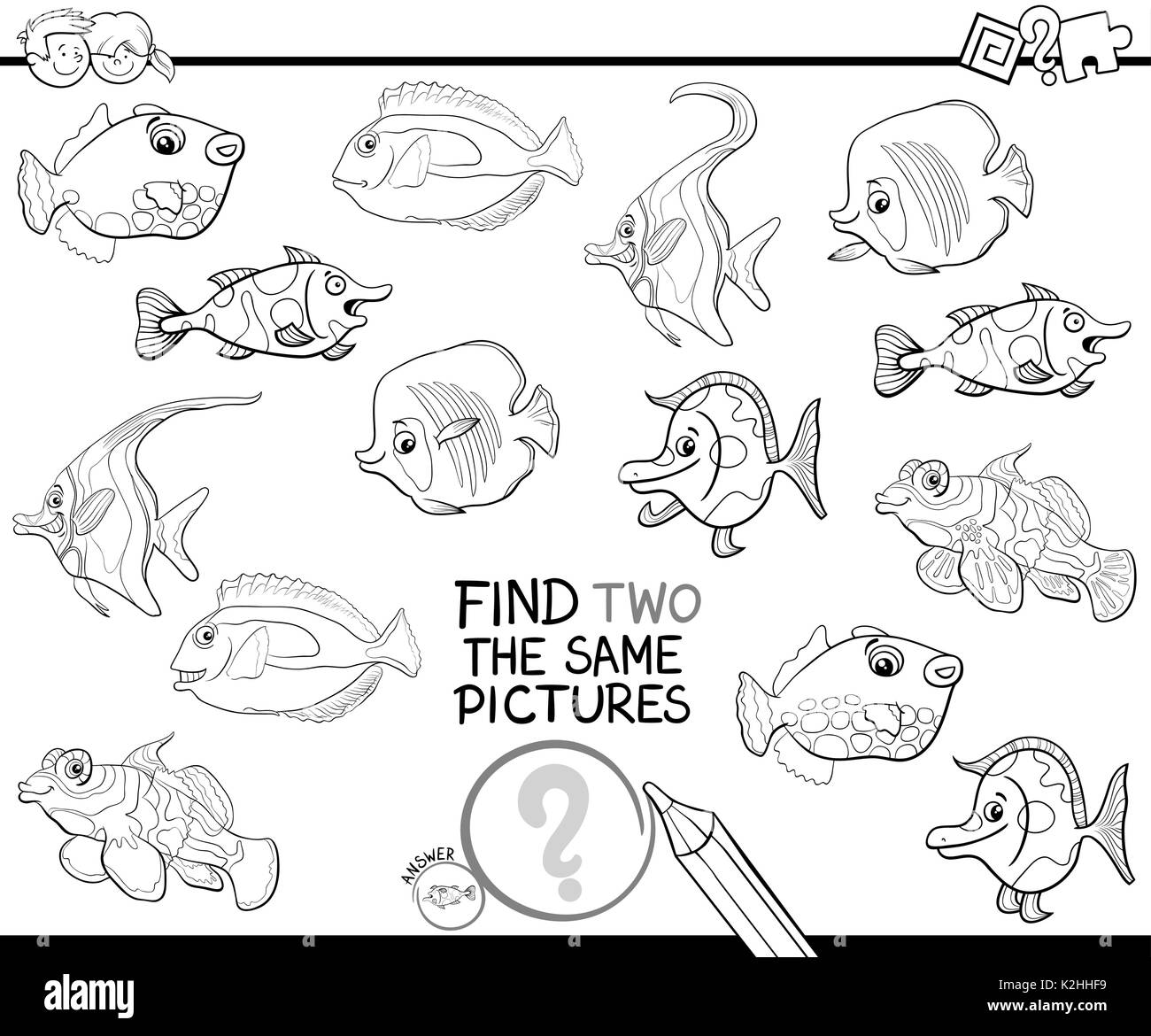 Black and White Cartoon Illustration of Finding Two Identical Pictures Educational Activity Game for Children with Fish Coloring Page Stock Vector