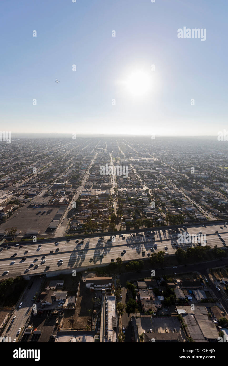 Vertical aerial of South Central Los Angeles and the Harbor 110 freeway. Stock Photo