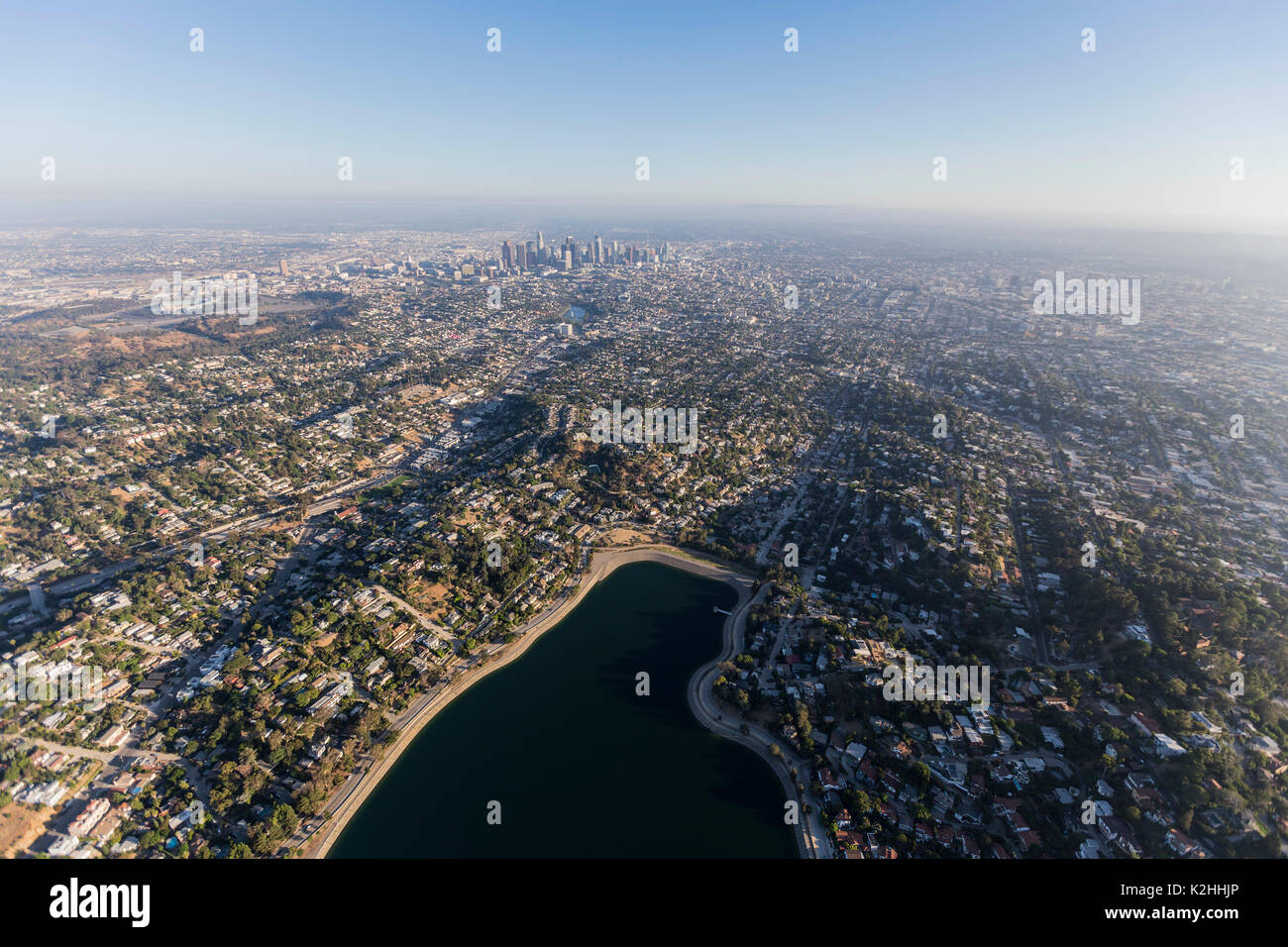 Aerial view of Silver Lake, Echo Park and downtown Los Angeles in Southern California. Stock Photo