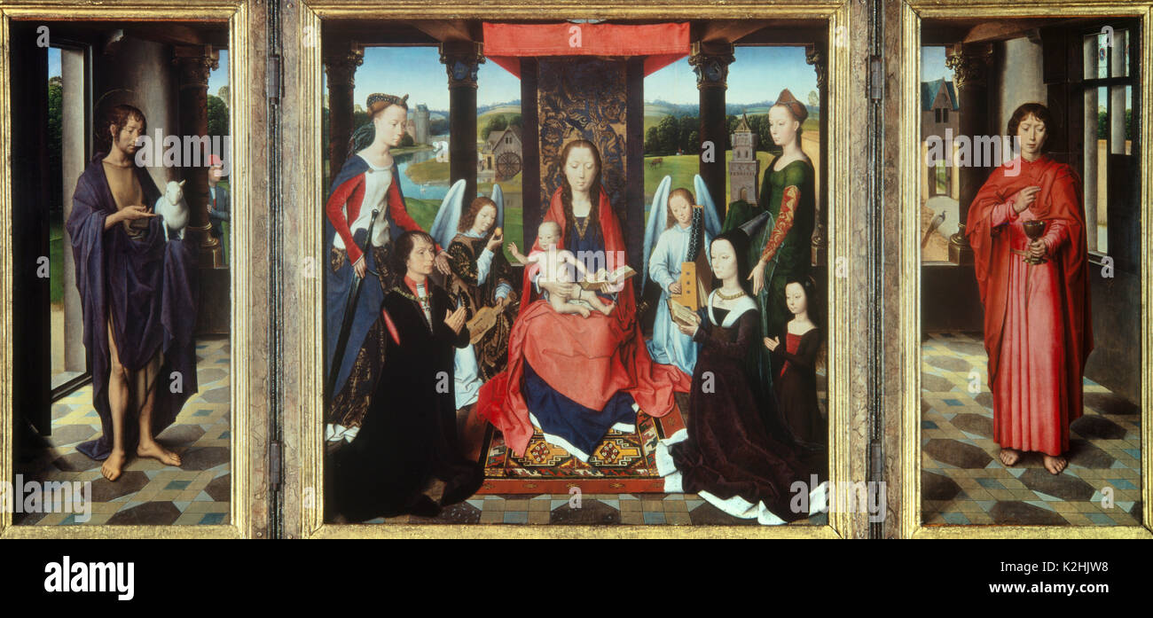 Triptych by Hans Memling - Virgin Mary with Child and Saints Stock Photo
