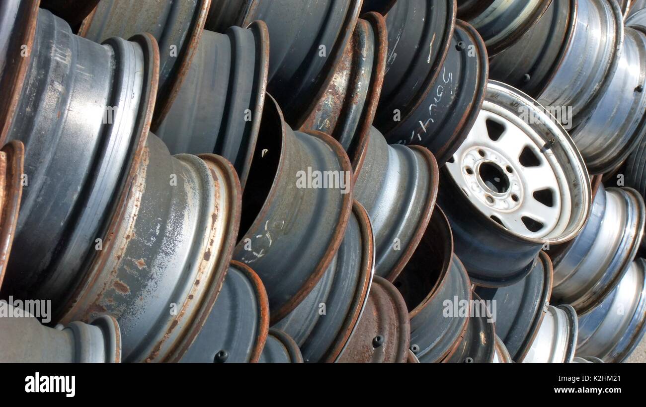 Old car wheels - no tires Stock Photo