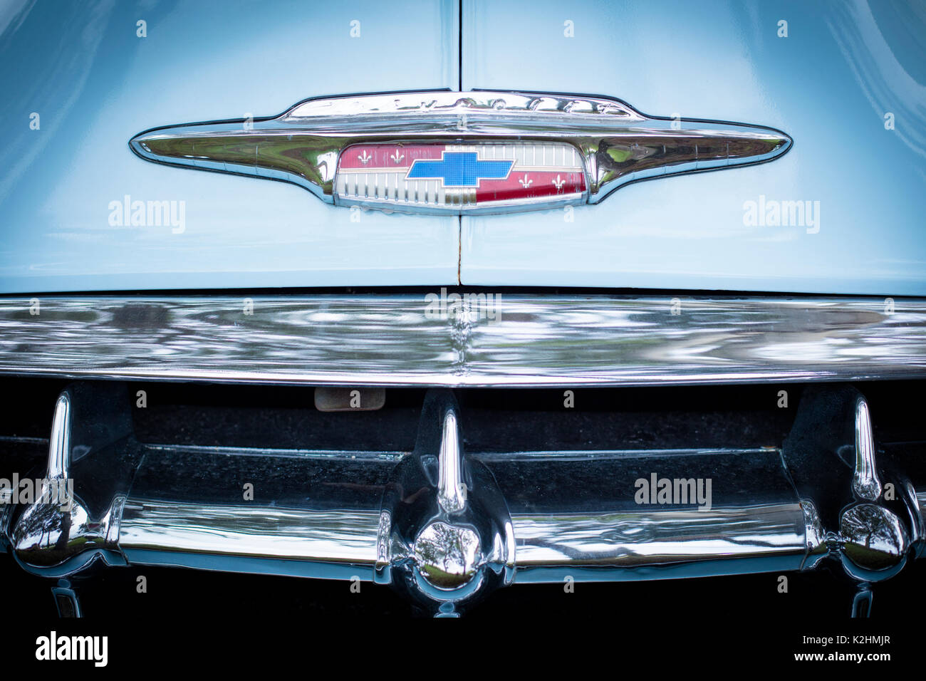 Front grill of a light blue 1953 Chevrolet Bel Air at a classic restoration car shop, Naples, Florida, USA Stock Photo