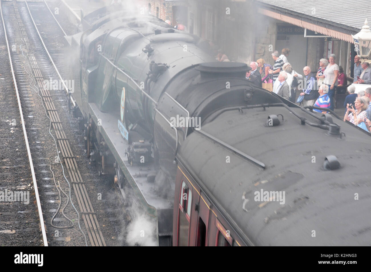 Locomotive and coach pulling into Bridgenorth Station. Severn Valley Railway. Stock Photo