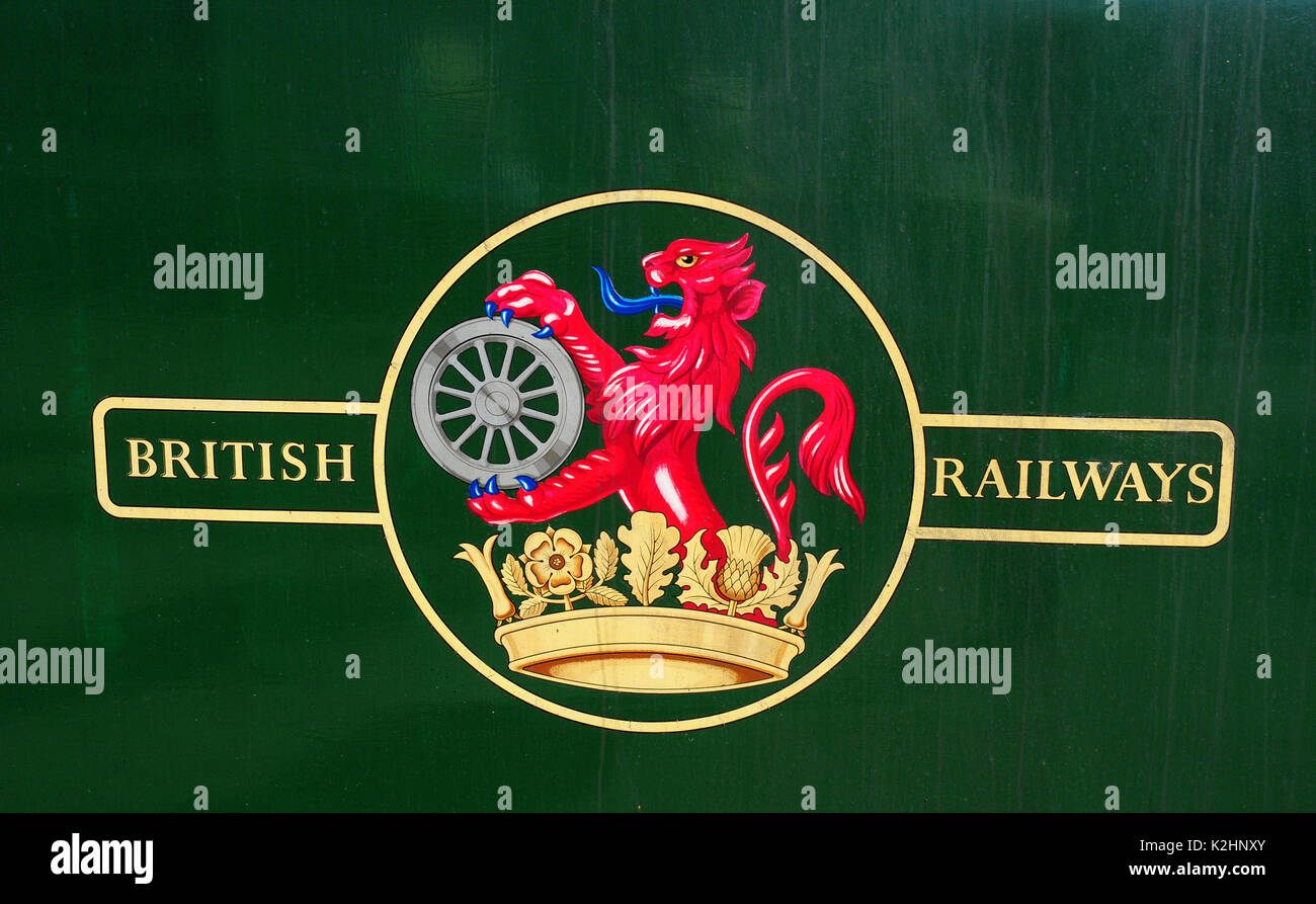 Badge for British Railways on the side of a locomotive. Severn Valley Railway.  Shropshire. Stock Photo