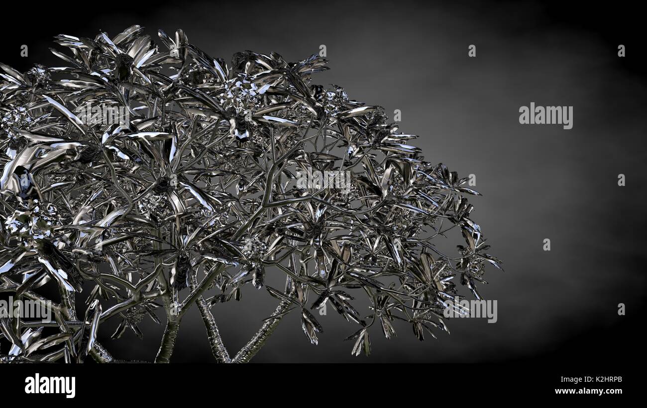 3d rendering of an abstract reflective tree on a dark black background ...