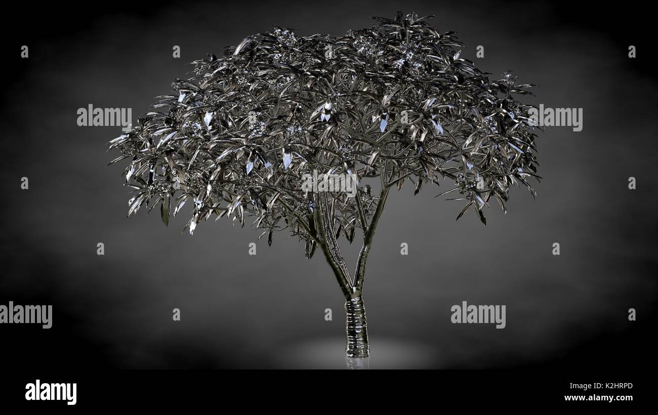 3d rendering of an abstract reflective tree on a dark black background ...