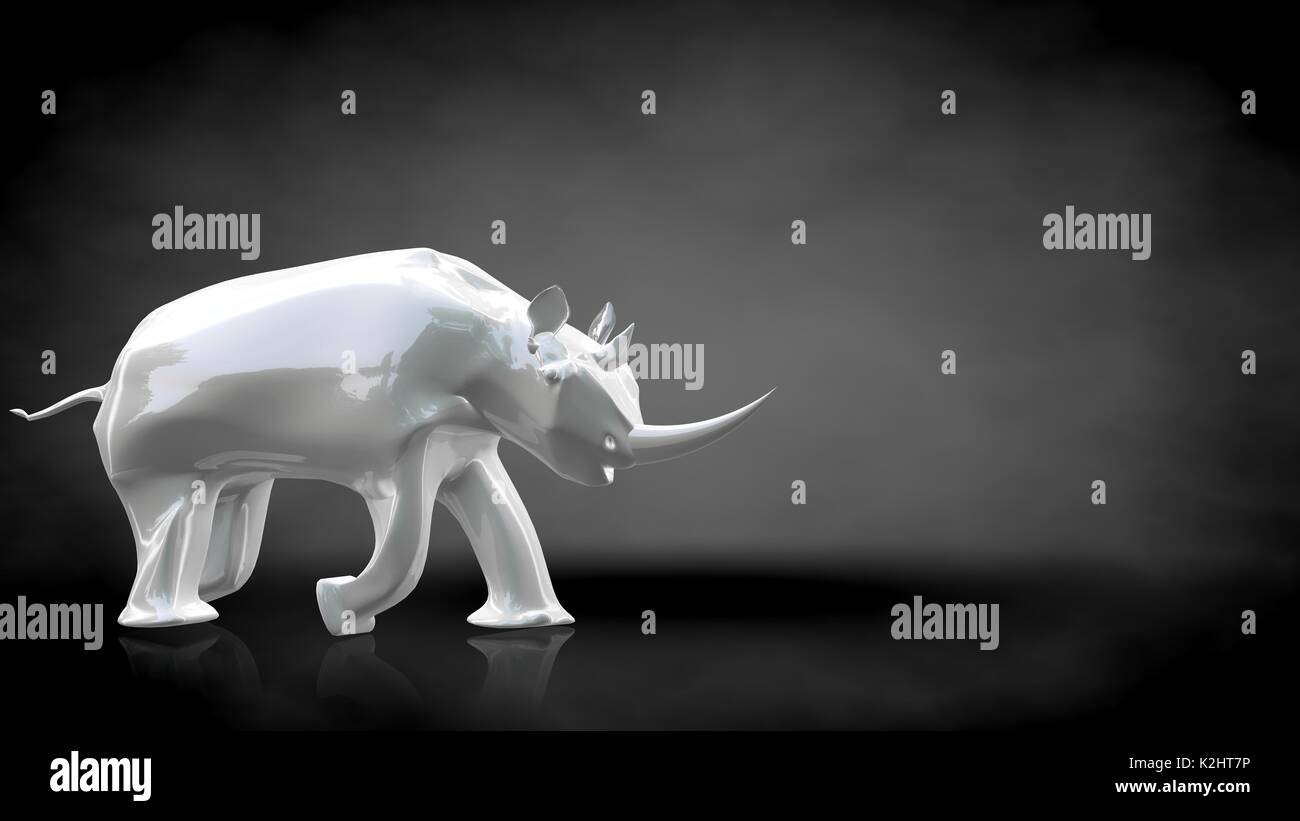 3d rendering of a reflective rhinoceros on a dark black background Stock Photo