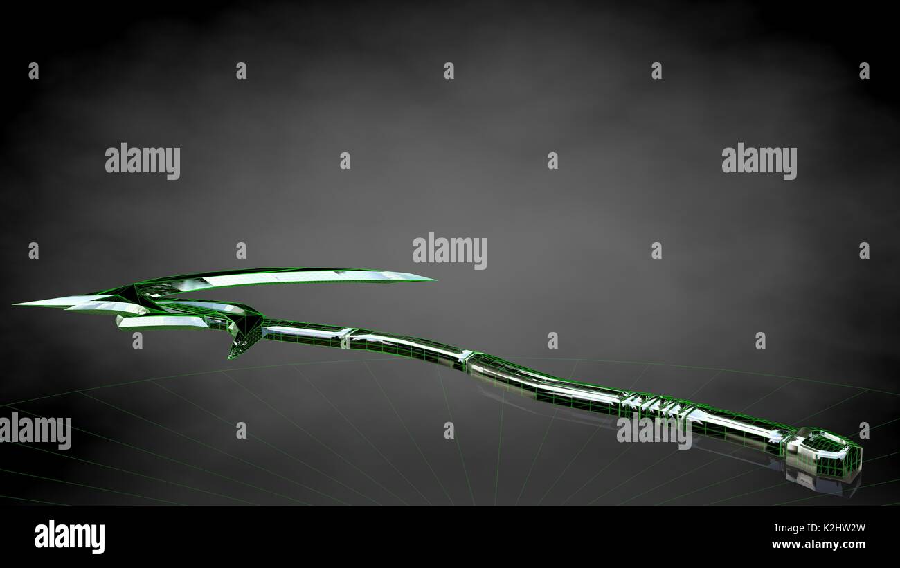 3d rendering of a reflective axe on a dark black background Stock Photo