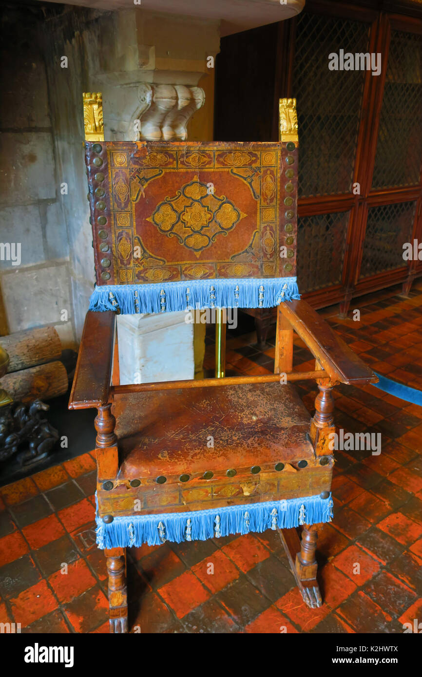 Ornate French Renaissance period chair with tapestry back and seat in the bedroom of Diane de Poitiers, Chateau de Chenonceau, France. Stock Photo