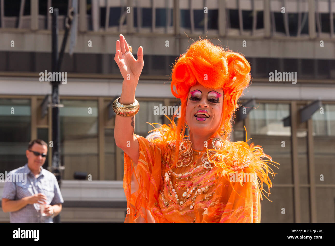 Montreal, CA - 20 August 2017: Mado at Montreal Pride Parade. Mado is a famous drag-queen who runs a drag cabaret, Cabaret Mado, in the Village Stock Photo