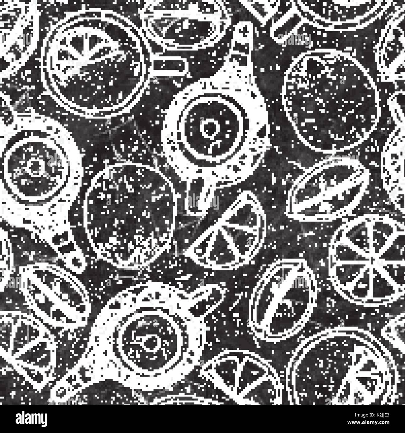 Tea hand draw seamless pattern with teapot, lemons and cup. Sketched textured background on black board with chalk Stock Vector