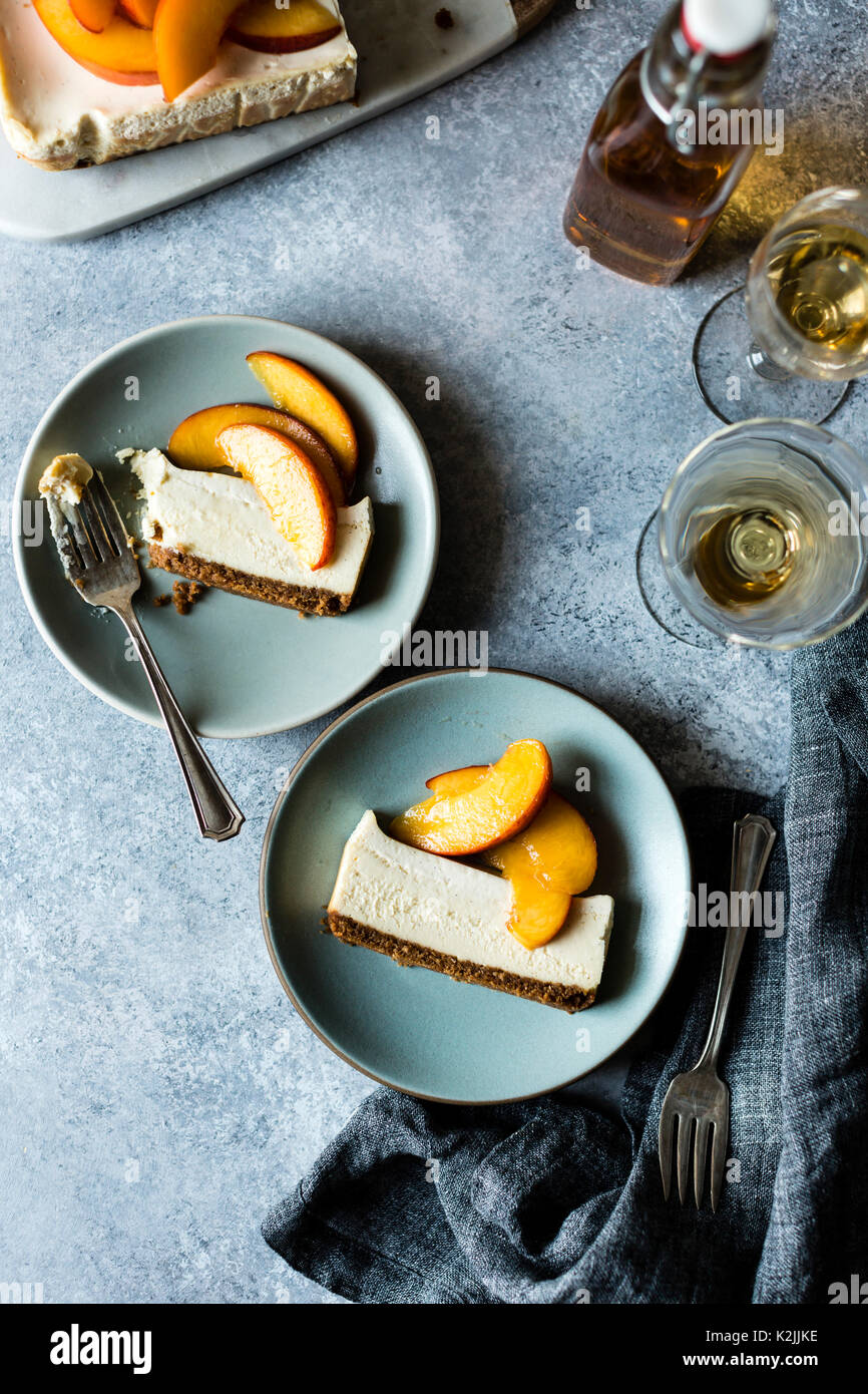 Cheesecake with Elderflower Peaches Stock Photo