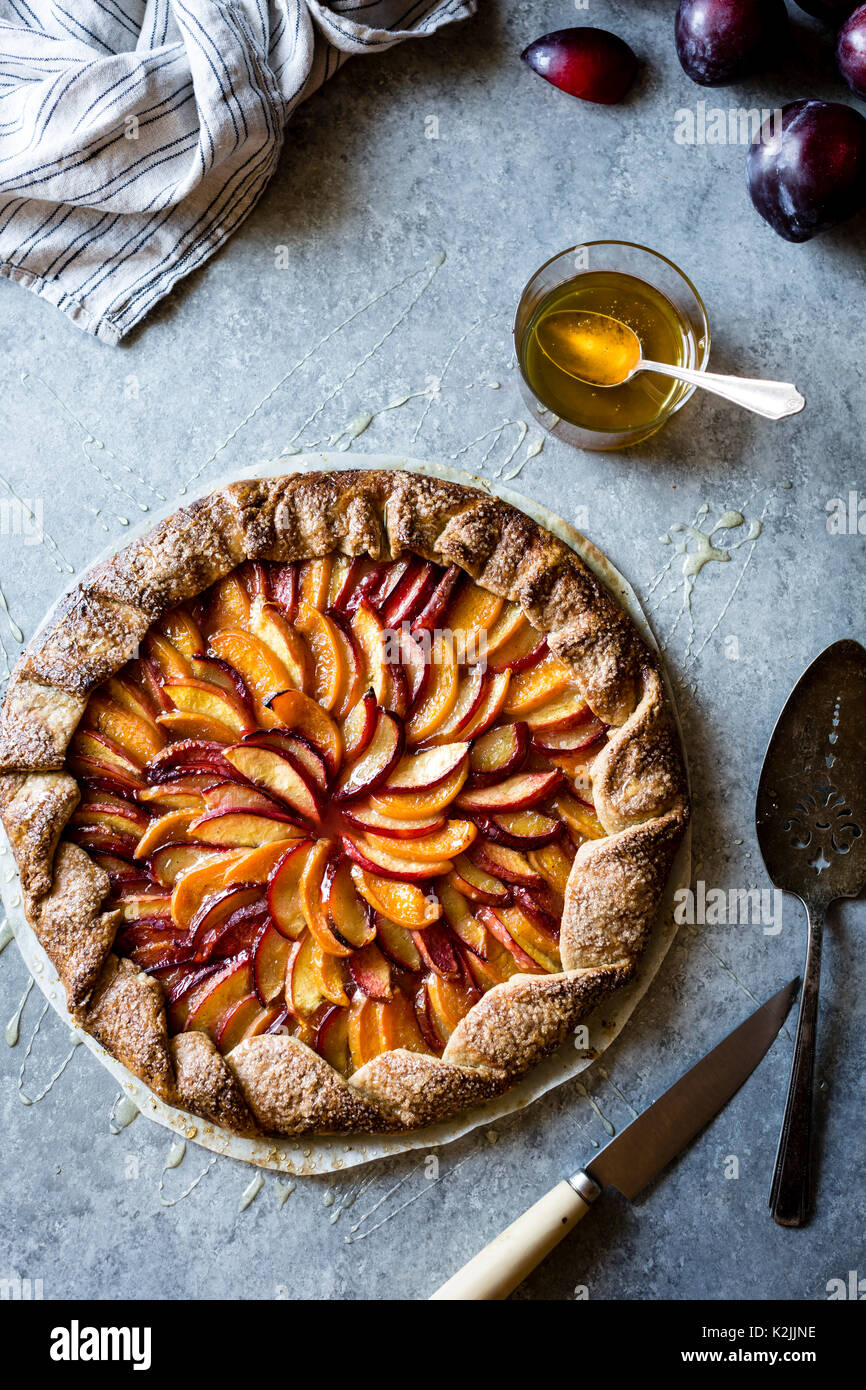 French Fruit Galette Pie with Peaches, Nectarines and Plums Stock Photo