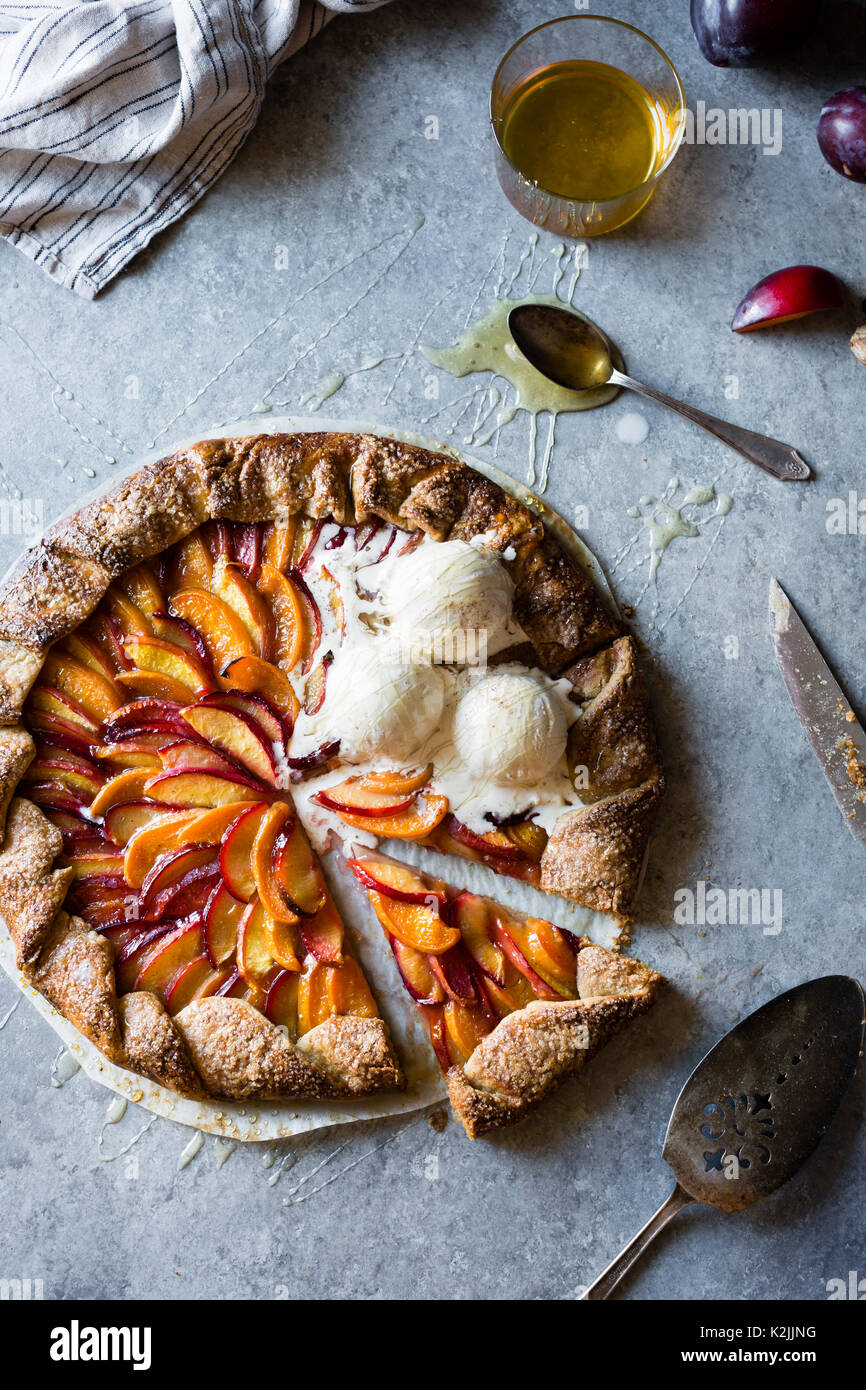 French Fruit Galette Pie with Peaches, Nectarines and Plums Stock Photo