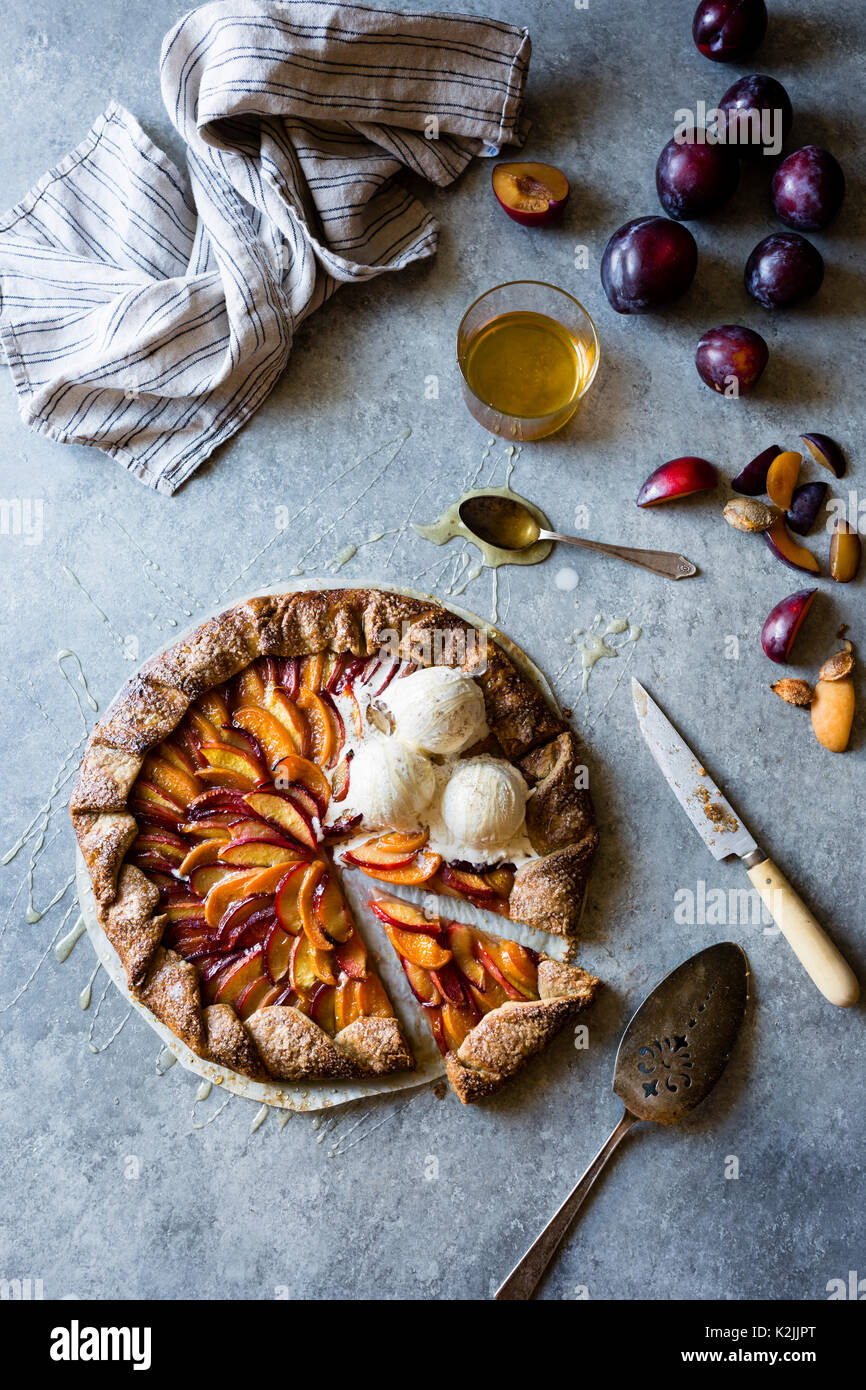 French Fruit Galette Pie with Peaches, Nectarines and Plums Stock Photo