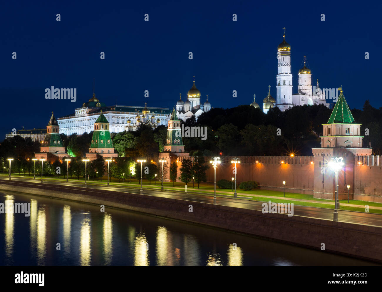 Moscow Kremlin with river at night, bridge view. background, architecture. Stock Photo