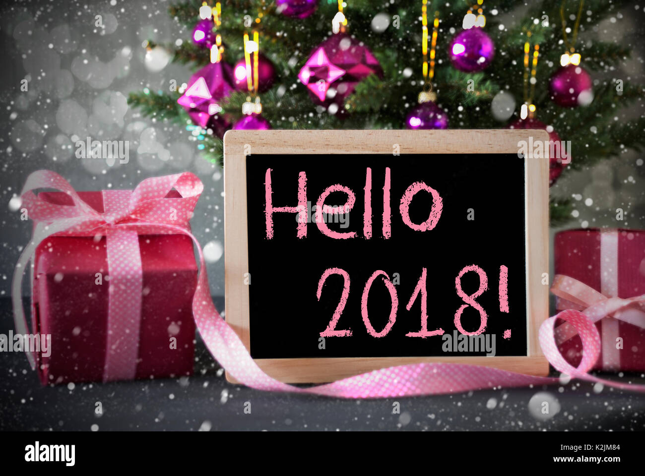 Tree With Gifts, Snowflakes, Bokeh, Text Hello 2018 Stock Photo