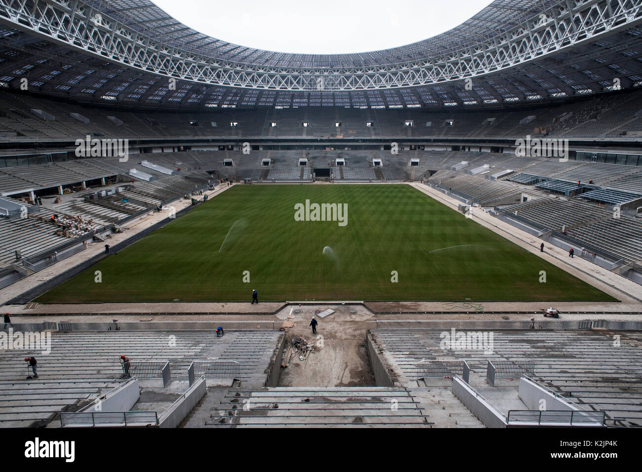 Renovation of the Luzhniki Stadium in Moscow. It will host the world cup final and has a capacity of 80 000 people. Construction and renovation of football stadiums in Russia is racing against time as Russia is set to host the FIFA 2018 World Cup during June and July 2018. Stock Photo