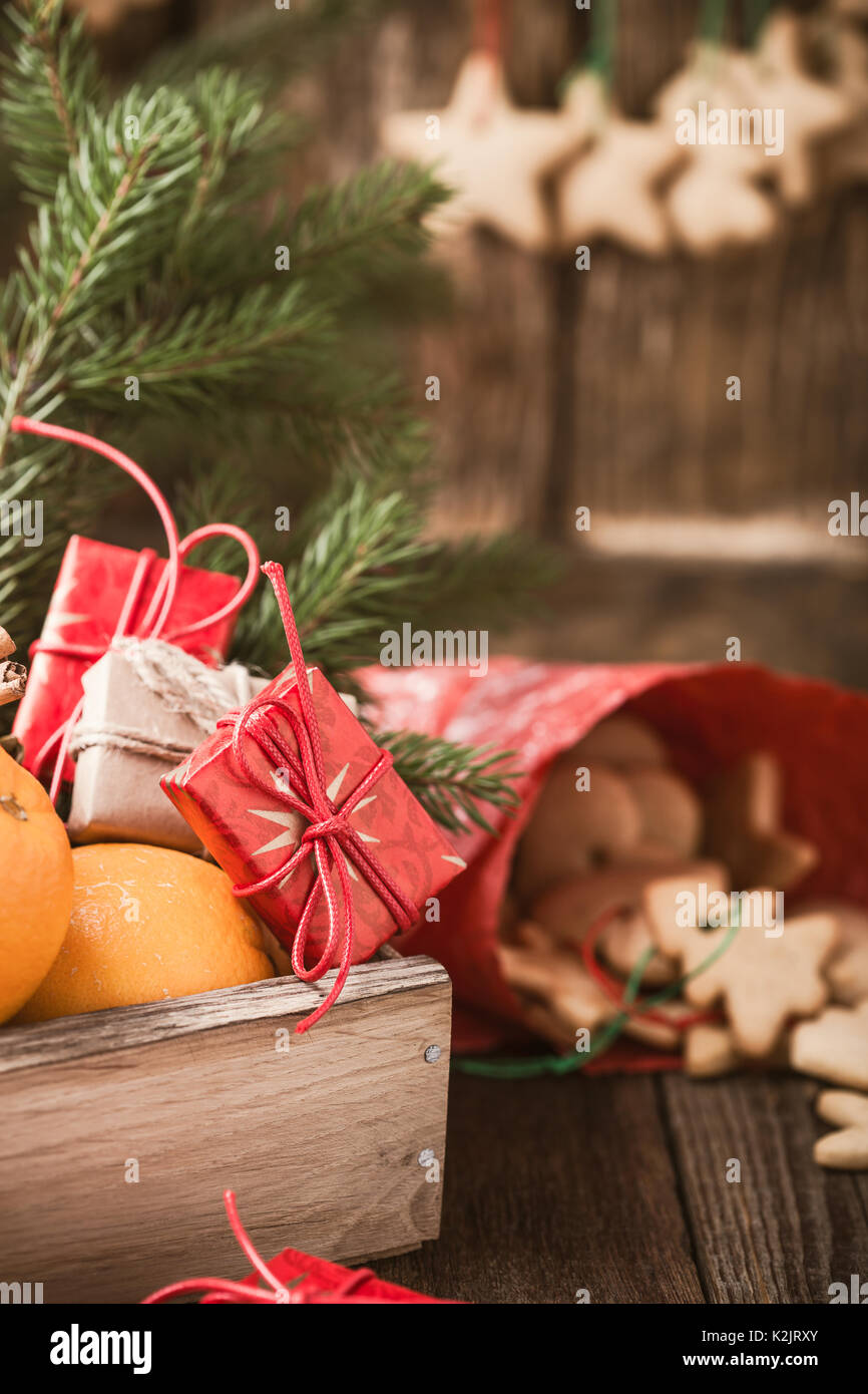 Wooden Box With Christmas Fruits And Gifts Homemade Xmas Cookies